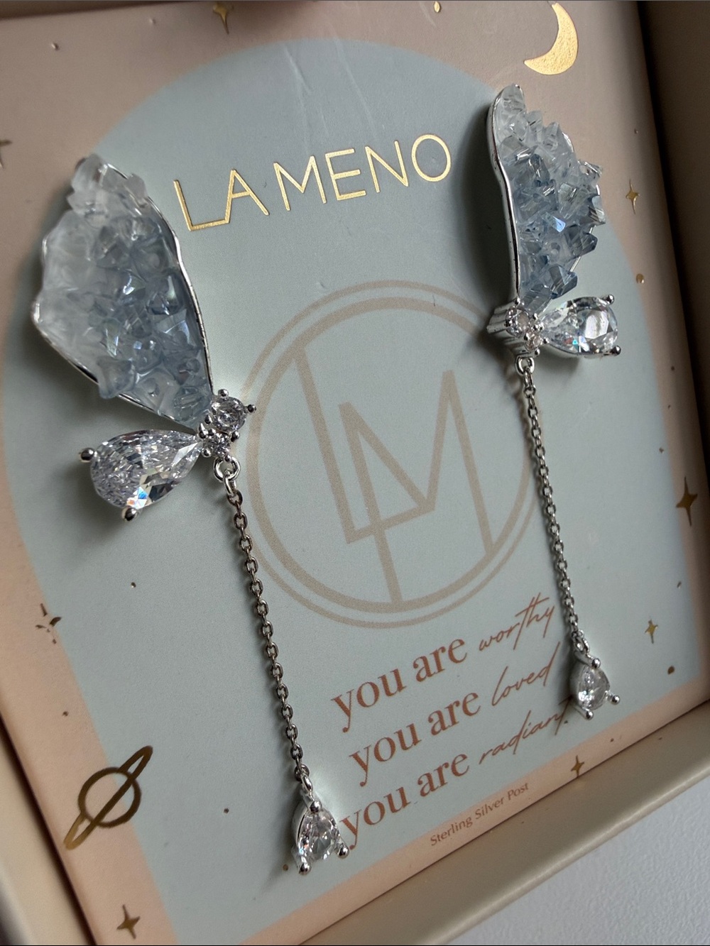 LA MENO Silver Clear Crystal Drop Chain Earrings - Picture 3 of 3